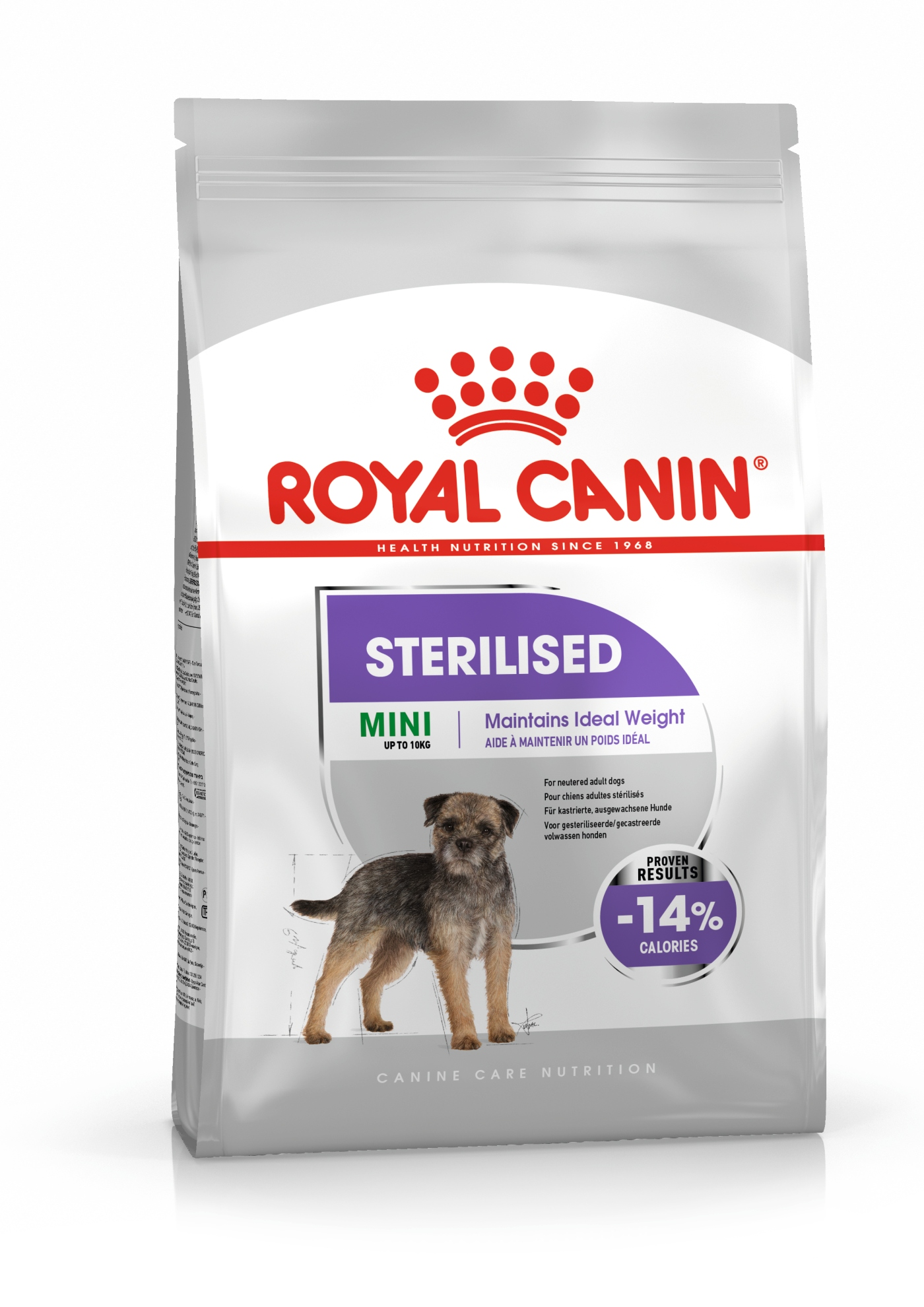 Torba z karmą dla psów. Zawiera obraz psa. Zawiera tekst: ROYAL CANIN, STERILISED MINI i -14% KALORII.