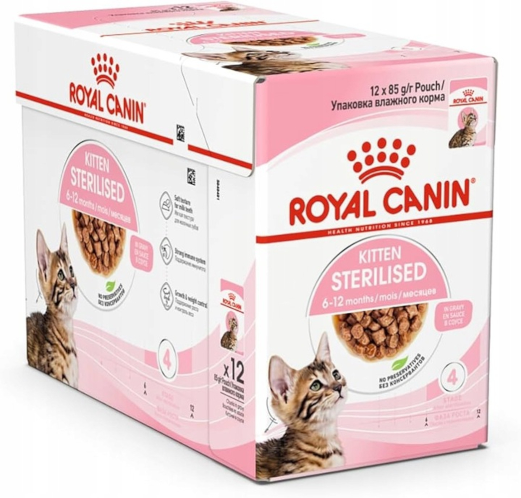 Pudełko karmy dla kociąt Royal Canin. Różowo-białe opakowanie ze zdjęciem kociaka. Tekst brzmi 'Kitten Sterilised'.