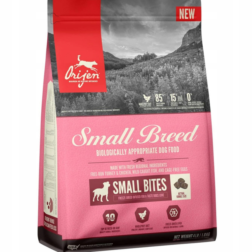 Torba na karmę dla psów w różowo-białym wzornictwie. Ma markę 'Orijen' oraz tekst o 'Small Breed' i 'Small Bites' z ilustracją psa.