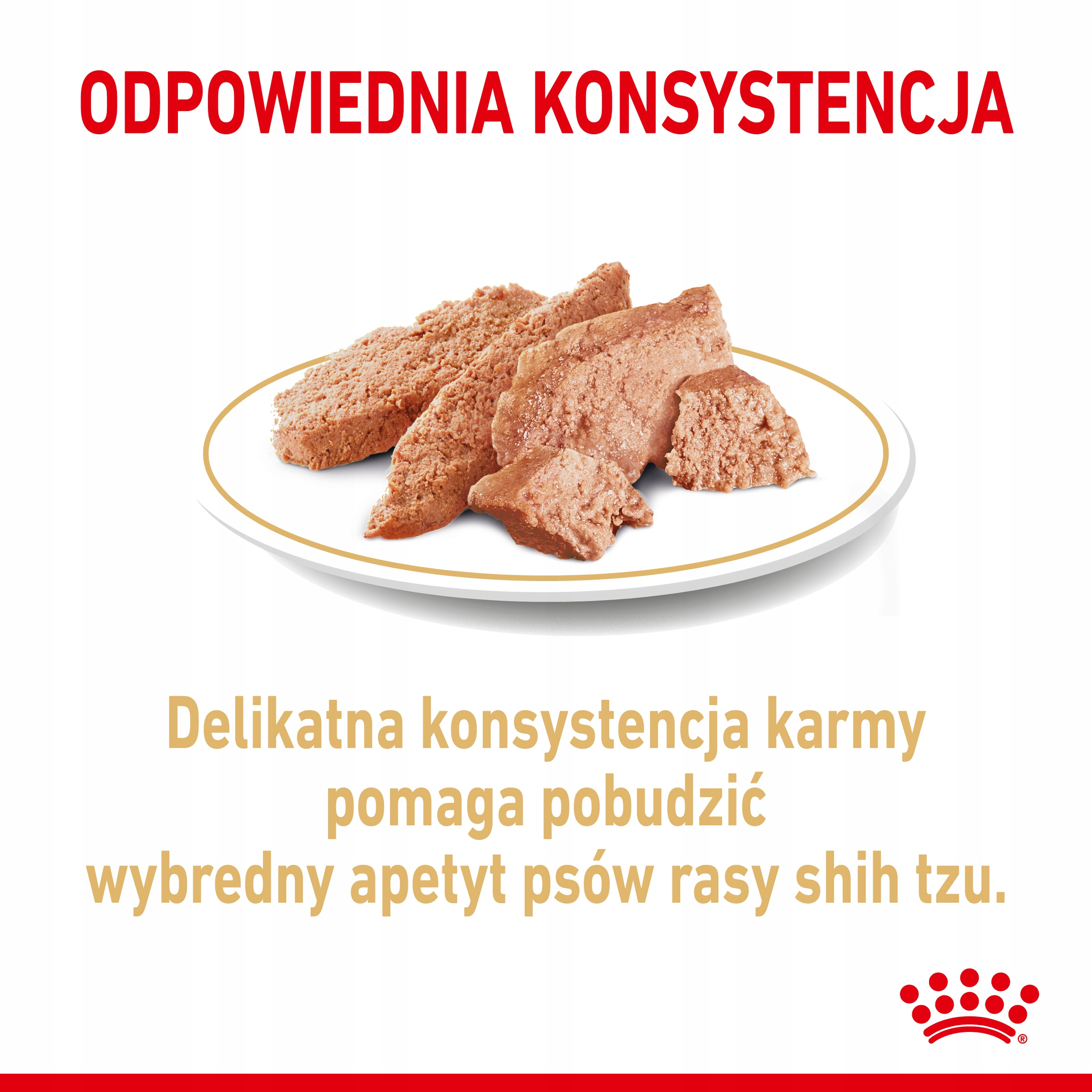 Obraz pokazuje kawałki karmy dla psów na talerzu. Tekst: Odpowiednia konsystencja pomaga stymulować wybredny apetyt.
