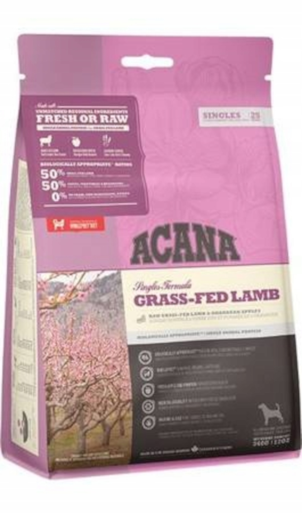 Różowa torba karmy dla psów. Marka to ACANA, Grass-Fed Lamb. Torba zawiera zdjęcia drzew i ikonę psa.
