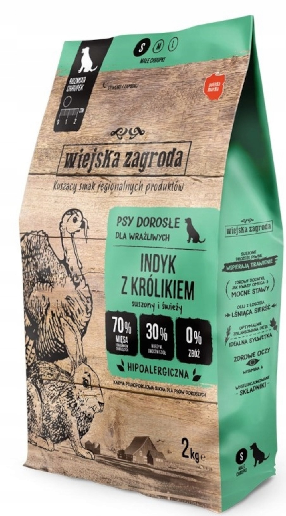 Torba karmy dla psów z ilustracją indyka i królika. Kolory zielony i brązowy. Tekst w języku polskim. Zawiera 70% mięsa.