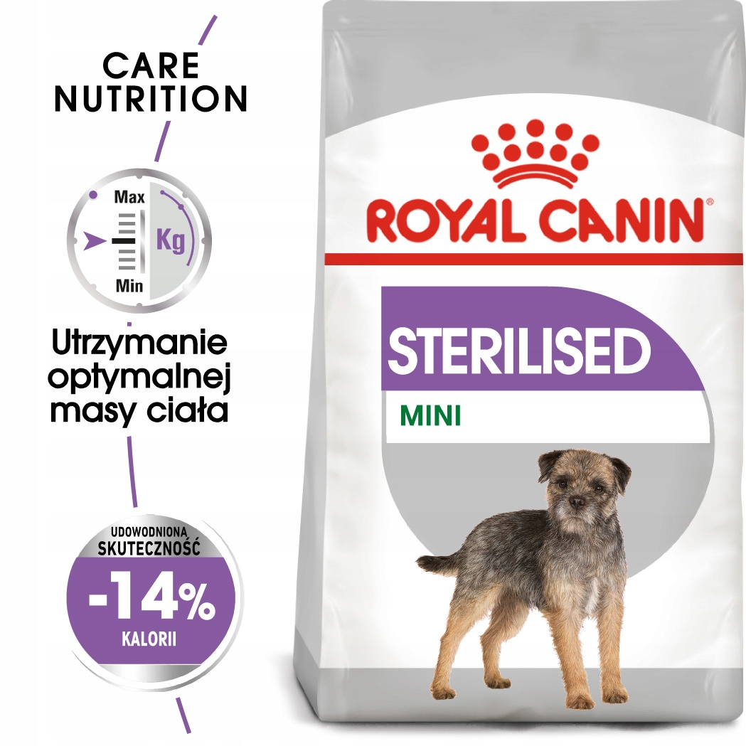 Torba z karmą dla psów ze zdjęciem psa. Napis: 'Royal Canin Sterilised Mini'. Zawiera informacje o pielęgnacji, odżywianiu i redukcji kalorii.