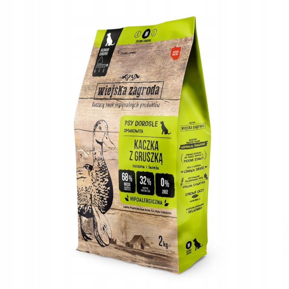 Torba karmy dla psów z tekstem i ilustracją kaczki. Jest zielona i brązowa, z tekstem w języku polskim.