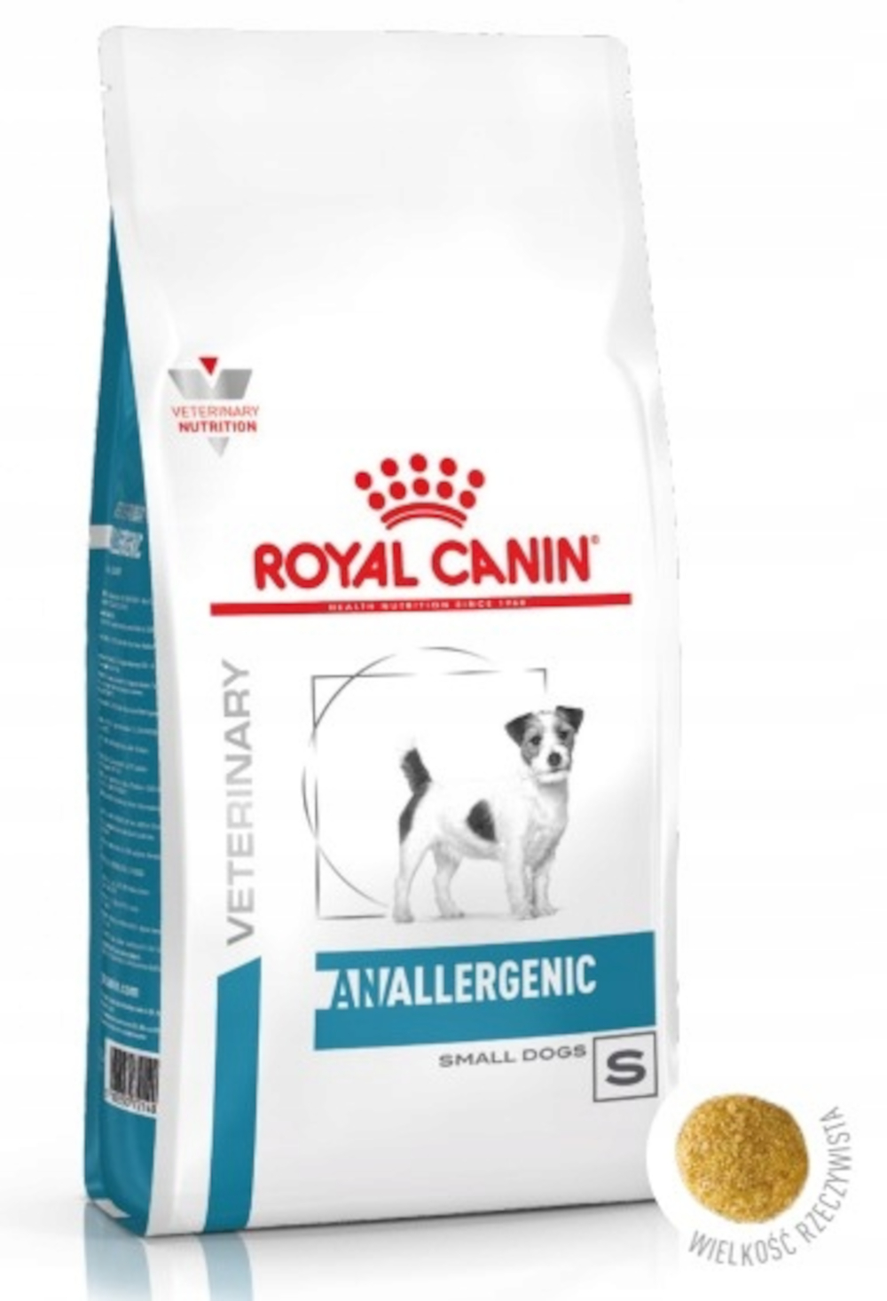 Biała torba karmy dla psów Royal Canin. Zawiera obraz psa, tekst 'Anallergenic' i próbkę karmy.