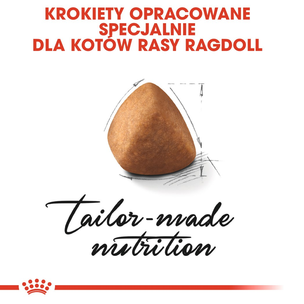Zbliżenie brązowego, trójkątnego krokieta dla kota. Tekst u góry i na dole z napisem 'Tailor-made nutrition'.