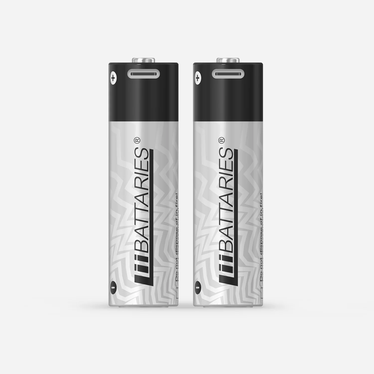Due batterie AA affiancate. Ognuna ha la parte superiore nera, un corpo argentato con testo e indicatori negativo e positivo.