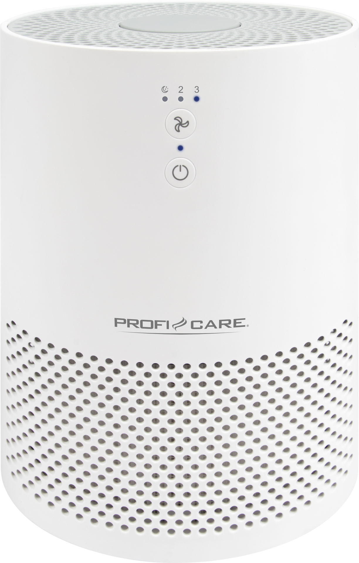 Biały oczyszczacz powietrza Profi Care. Posiada perforowany przód, kontrolki i przyciski zasilania/wentylatora.