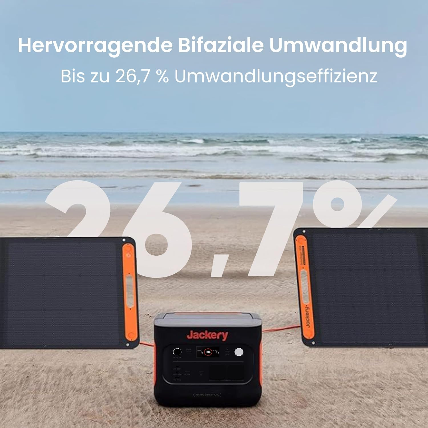 Bild zeigt Solarmodule und eine Powerstation am Strand. Text zeigt 26,7% Umwandlungseffizienz. Jackery-Marke sichtbar.