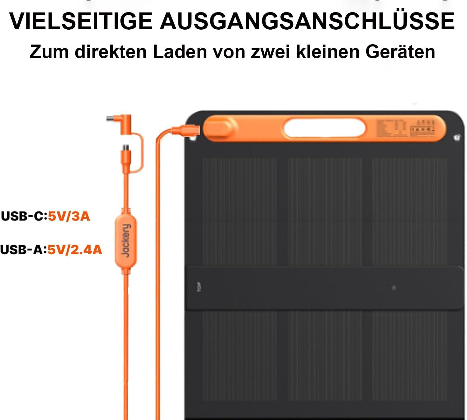 Ein oranges USB-Kabel, das mit einem schwarzen rechteckigen Solarpanel verbunden ist. Text lautet: USB-C:5V/3A, USB-A:5V/2.4A.