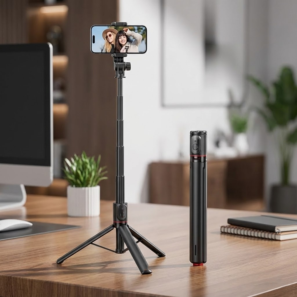 Bir tripod üzerindeki bir akıllı telefon iki kadın gösteriyor. Ayrı, kapalı bir selfie çubuğu yakındadır. Bitkiler ve bir bilgisayar ile bir masa görülebilir.