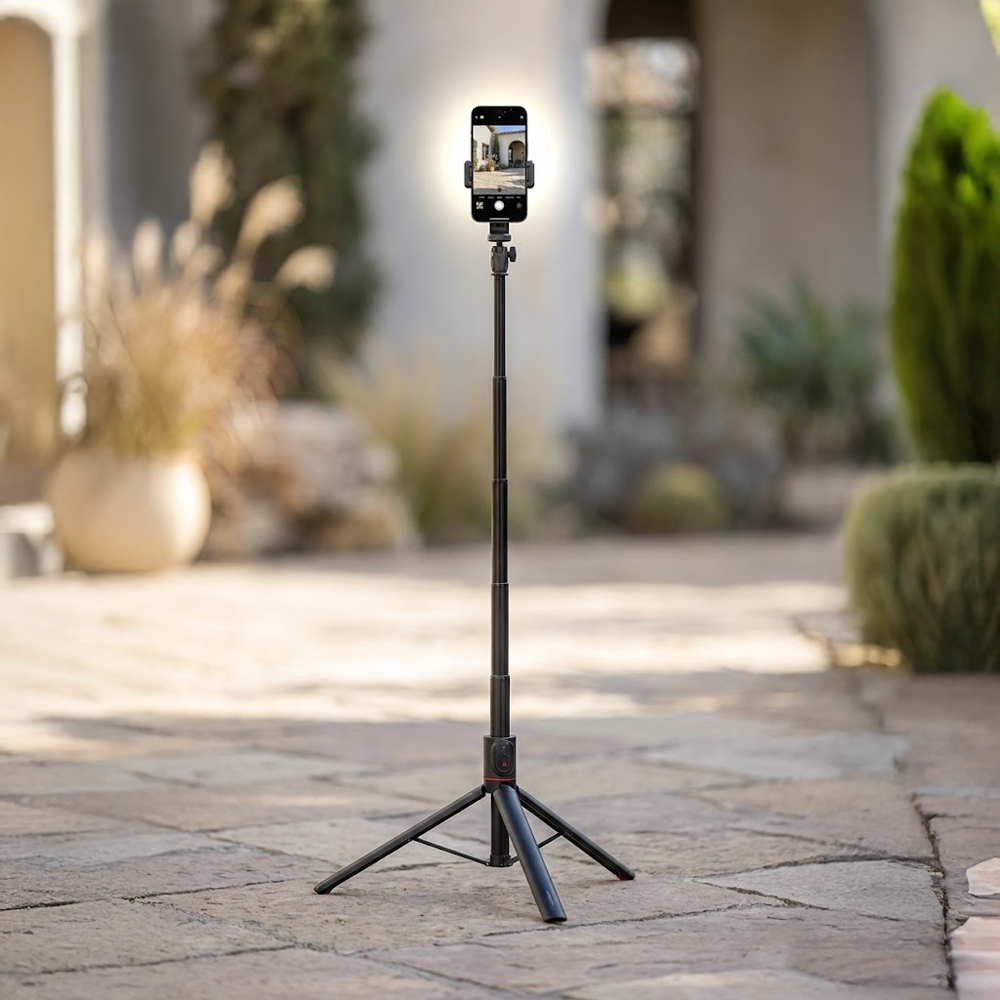 Bir tripod üzerindeki bir akıllı telefon dışarıda kurulur. Telefon, çevrenin bir fotoğrafını çekiyor. Arka planda bir ev ve bitkiler var.