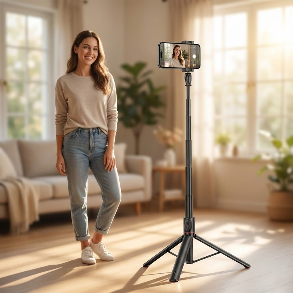 Bir kadın bir tripod üzerindeki telefonun yanında duruyor. Telefon onun görüntüsünü gösteriyor. Arka planda bir kanepe, bitkiler ve pencerelerle bir oturma odası var.