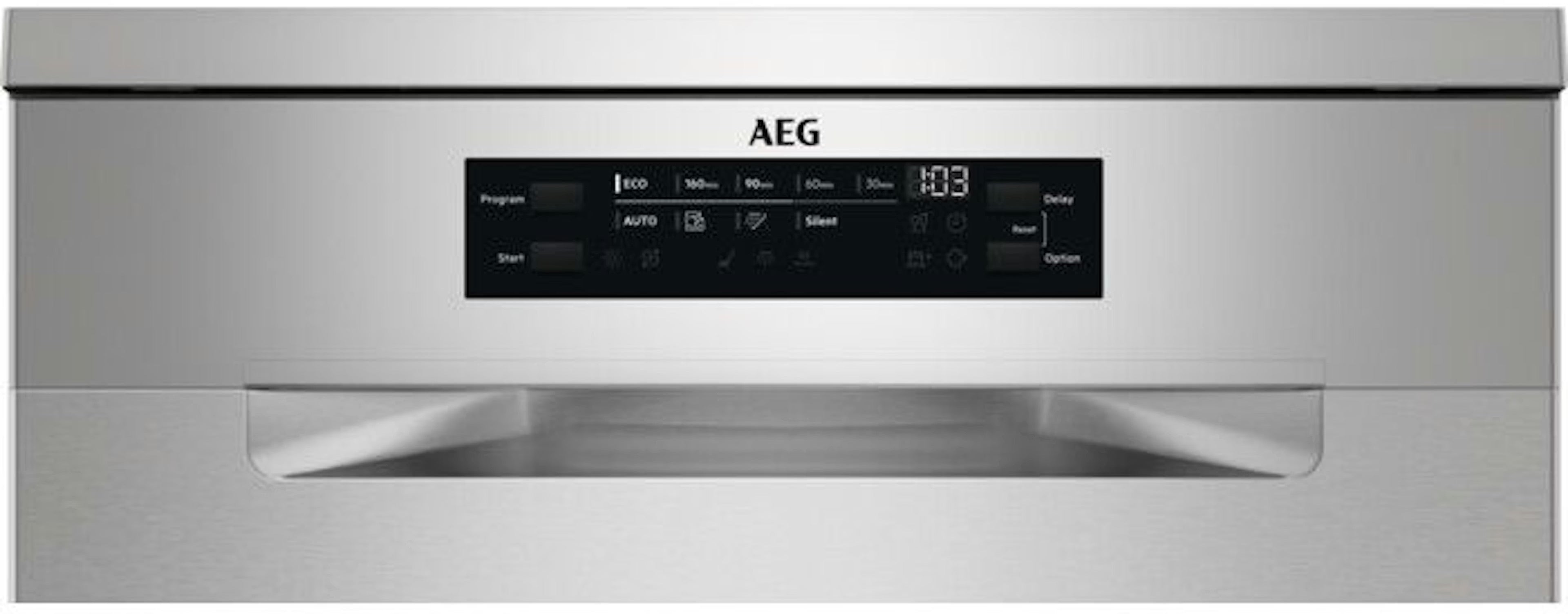Un lave-vaisselle AEG en acier inoxydable. Il possède un panneau de commande noir avec des boutons pour les programmes et les réglages, et un affichage numérique.