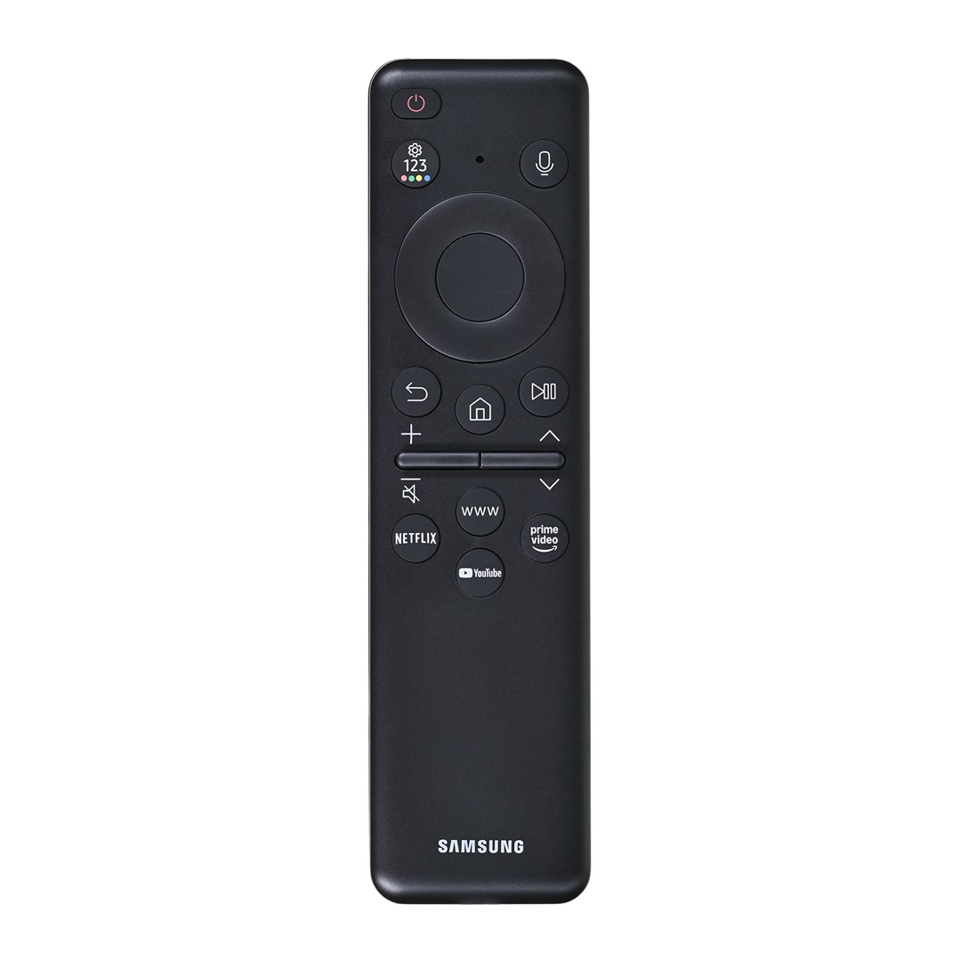 Eine schwarze Samsung TV-Fernbedienung mit verschiedenen Tasten, darunter Ein/Aus, Lautstärke, Kanal und App-Verknüpfungen.