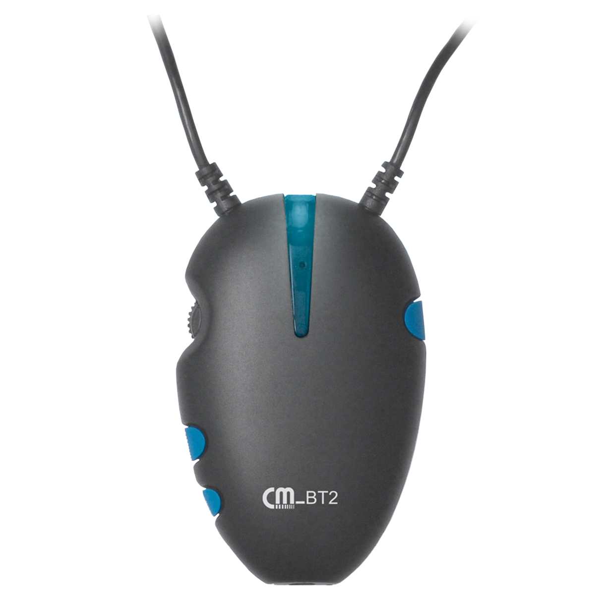 Eine dunkelgraue Maus mit blauen Akzenten und zwei schwarzen Kabeln. Die Maus hat einen blauen Streifen oben und Knöpfe an der Seite.