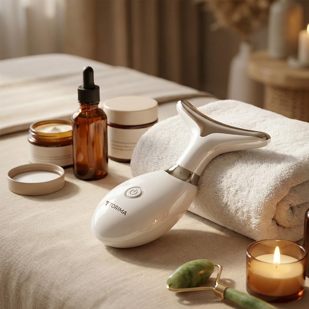 Cilt bakım ürünleri, beyaz bir boyun masaj aleti, yeşim taşı silindiri ve krem renkli bir yüzey üzerinde bir mum ile bir spa kurulumu.