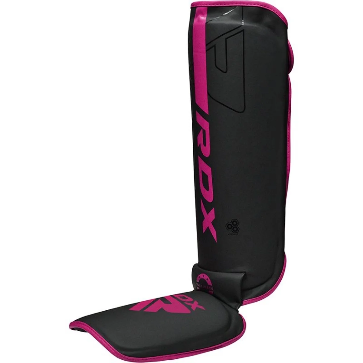 Black and pink RDX shin guard. Black main body with pink accents and logo. Bottom section for foot protection.