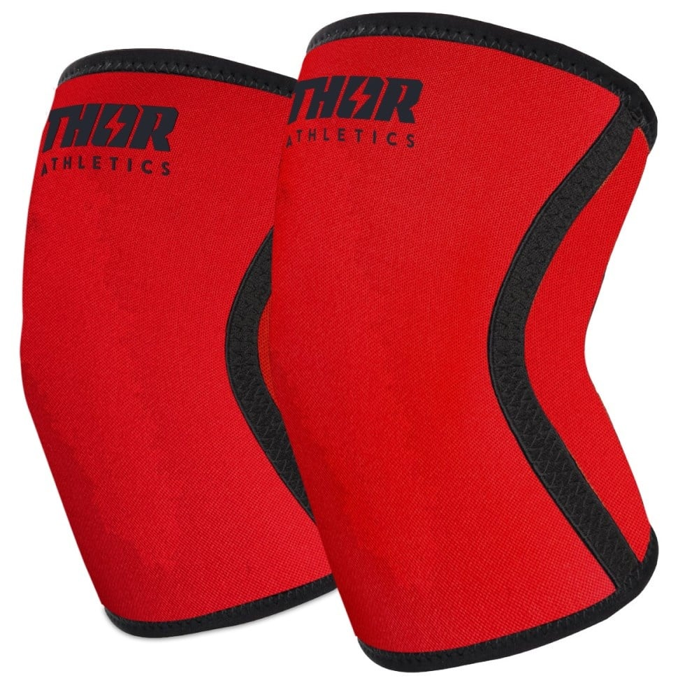 Two red knee sleeves with black trim. The sleeves have the text "THOR ATHLETICS" printed on them.