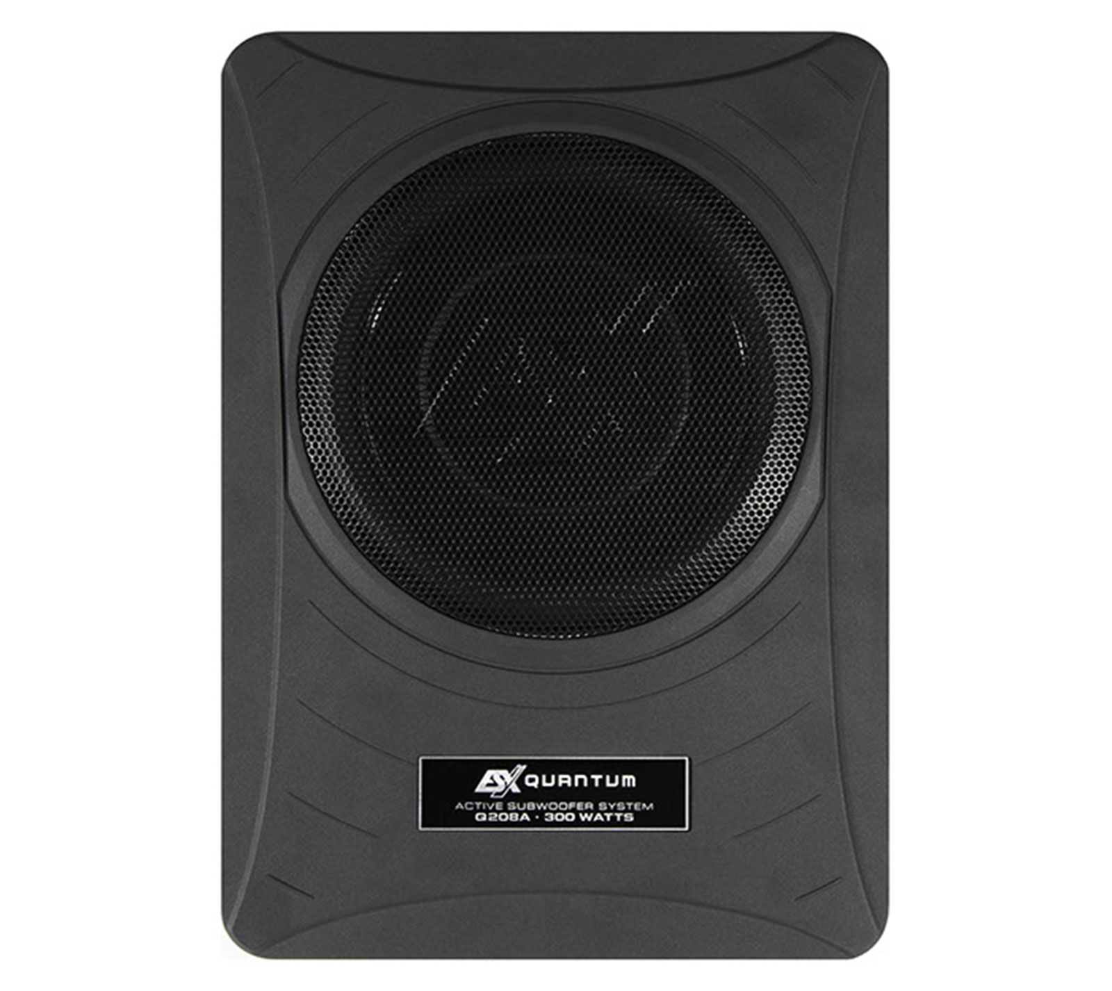 Schwarzer Subwoofer mit einem Mesh-Lautsprecher. Die Marke ist „ax quantum“. Es ist ein aktives Subwoofer-System, 300 Watt.