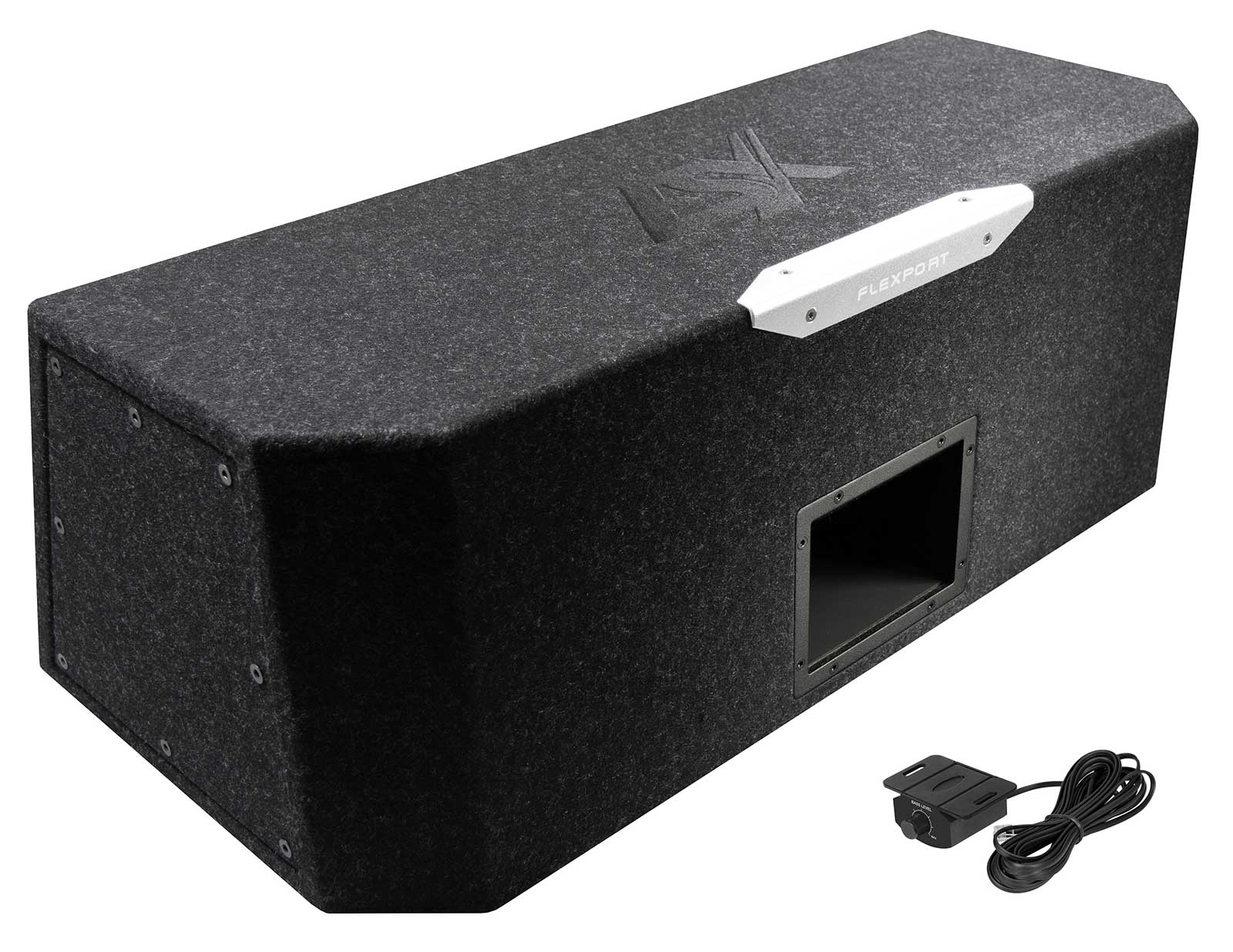 Rechteckige schwarze Subwoofer-Box mit Flexport-Etikett. Ein schwarzes Bedienfeld ist vorne.