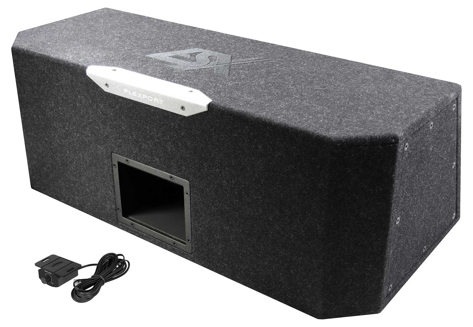 Graue Flexport-Subwooferbox mit rechteckigem Anschluss, weißer Zierleiste und schwarzer Steuerbox mit Kabel.