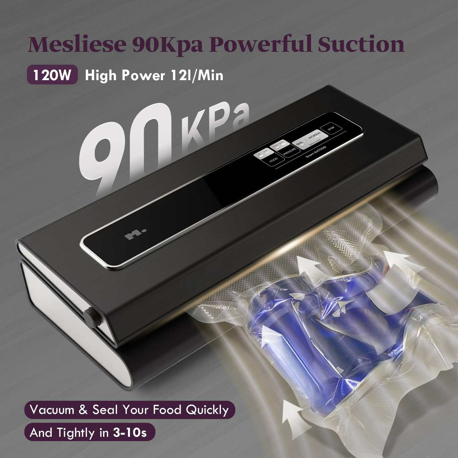 Ein schwarzes Vakuumiergerät mit Text: 'Mesliese 90Kpa'. Ein Beutel wird vakuumversiegelt. Weiße Pfeile zeigen die Saugkraft an.