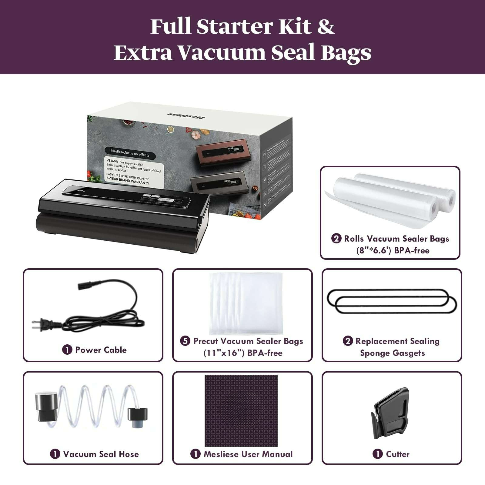 Ein Vakuumierer-Kit mit Beuteln, Schlauch, Kabel, Schneider und Handbuch. Die Box zeigt ein Produktbild.
