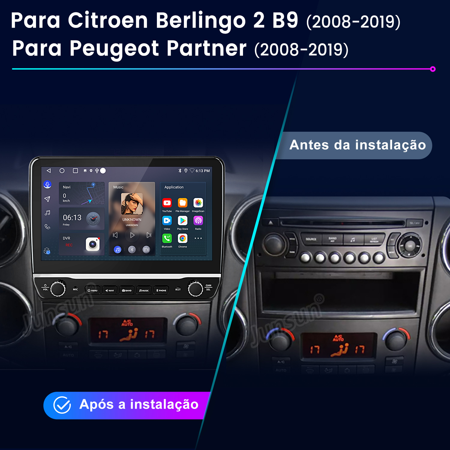 La imagen muestra un salpicadero de coche antes y después de la instalación de una pantalla. La pantalla muestra aplicaciones de navegación y música.
