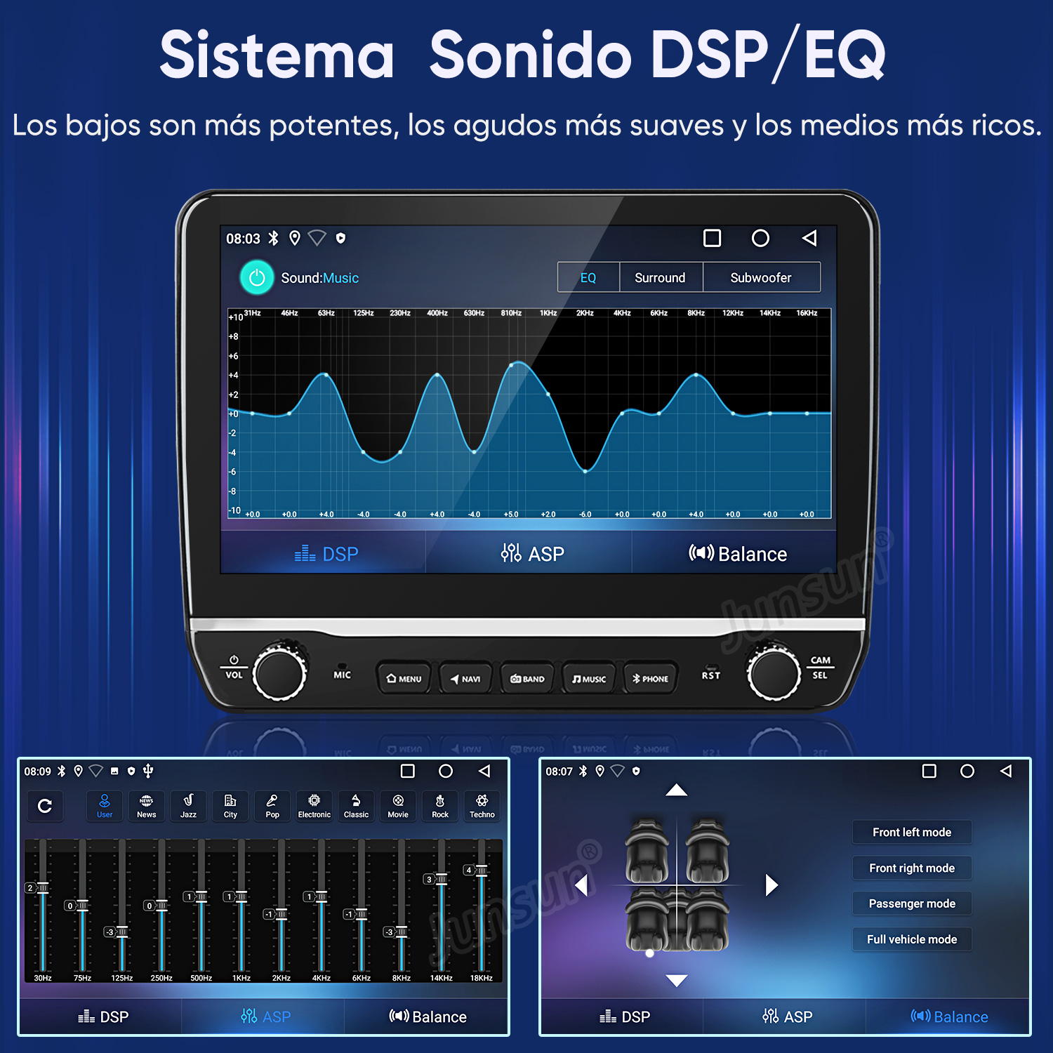 Interfaz del sistema de audio del coche con ecualizador, opciones de sonido envolvente, subwoofer y controles de volumen. Muestra gráficos de ondas sonoras.