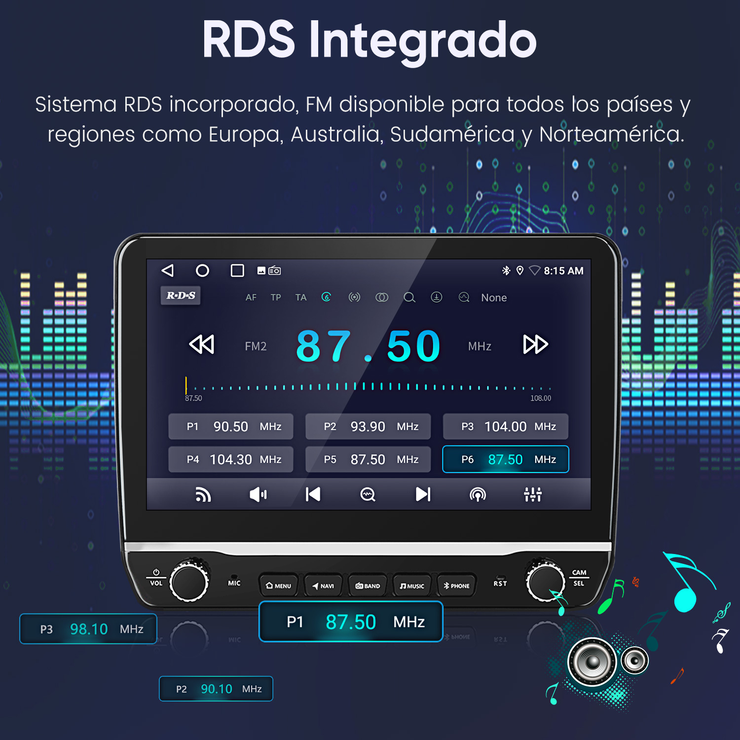 Radio de coche con pantalla que muestra RDS, frecuencia 87,50 MHz. Se ven botones y una perilla de volumen. Fondo con gráficos de ondas sonoras.