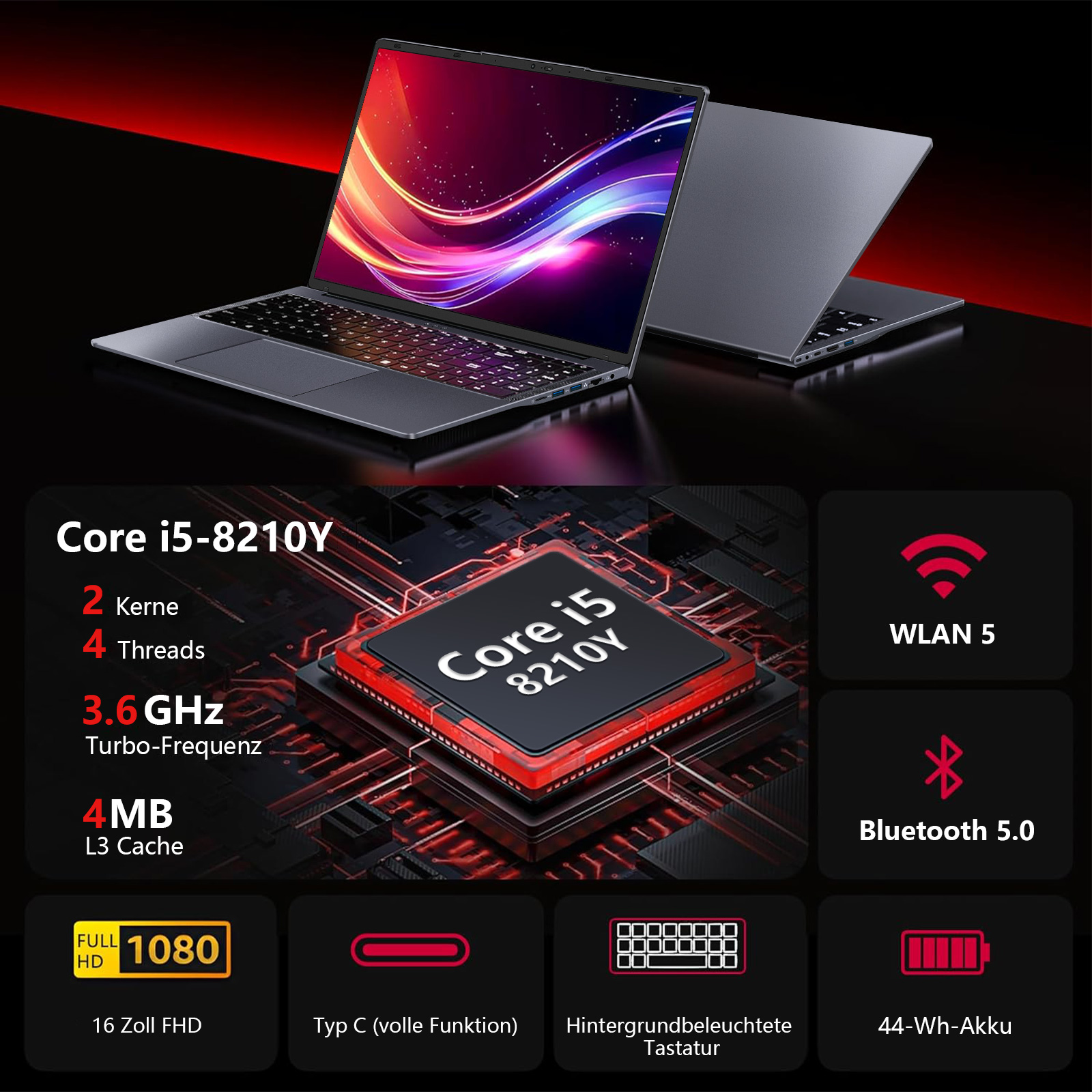 Das Bild zeigt einen Laptop mit Spezifikationen, darunter ein i5-Prozessor, WLAN 5, Bluetooth und eine Tastatur mit Hintergrundbeleuchtung.
