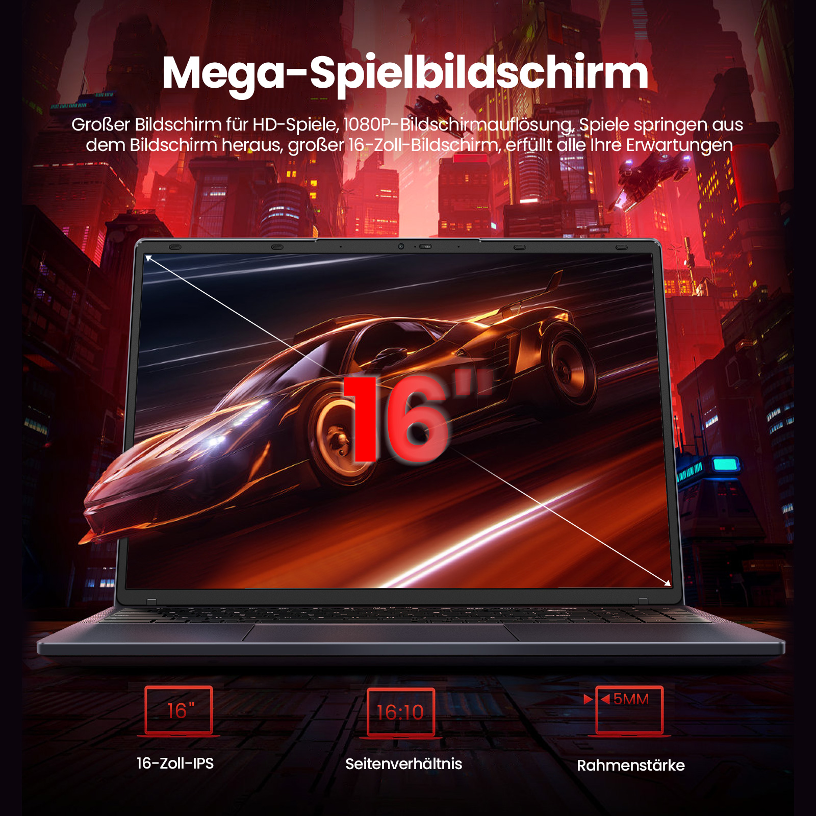 Laptop mit 16-Zoll-Bildschirm, der ein Rennwagenbild zeigt. Text sagt Mega-Spielbildschirm.