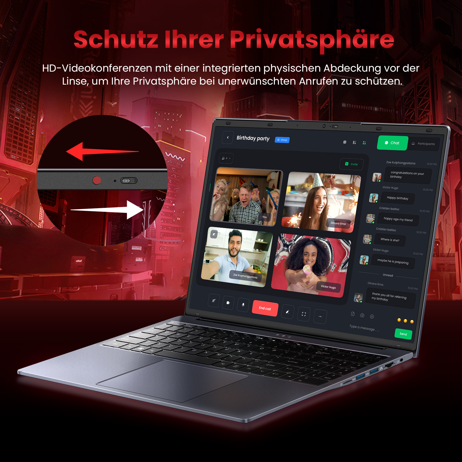 Laptop zeigt Videoanruf. Bildschirm zeigt eine Geburtstagsparty-Videokonferenz mit mehreren Teilnehmern.