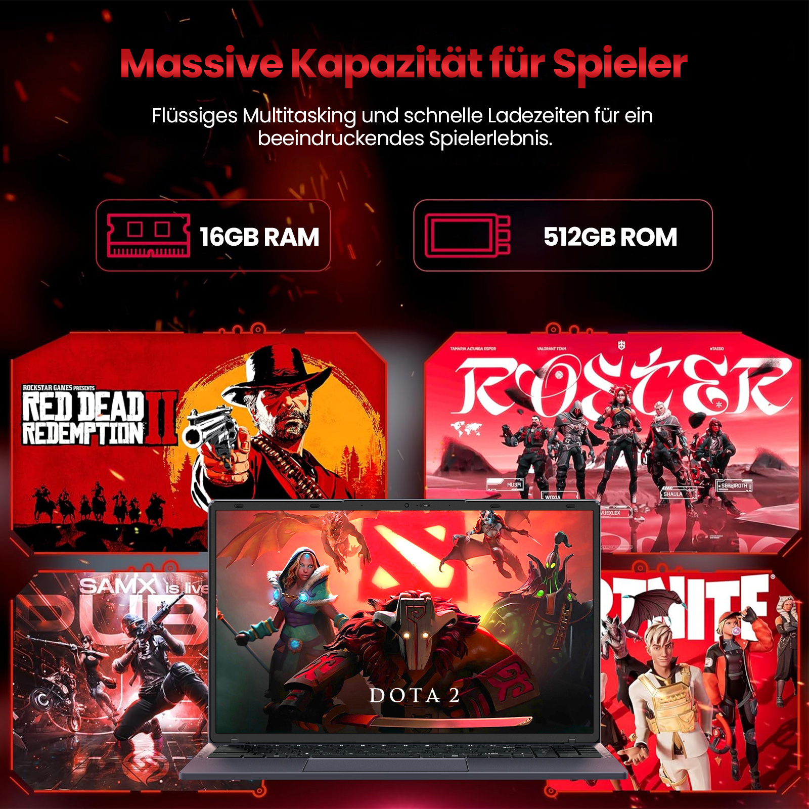 Ein Laptop zeigt Dota 2. Oben sind Spieltitel Red Dead Redemption, Roster und Fortnite. Spezifikationen: 16 GB RAM, 512 GB ROM.