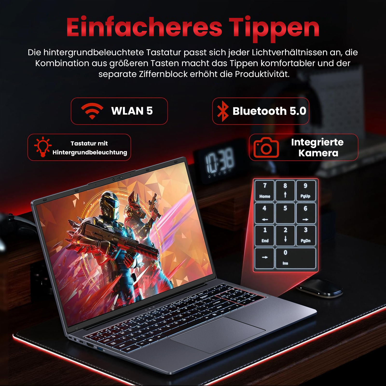 Laptop mit Hintergrundbeleuchtung. Bildschirm zeigt Spiel. Zahlenblock rechts. WLAN-, Bluetooth- und Kamera-Symbole.