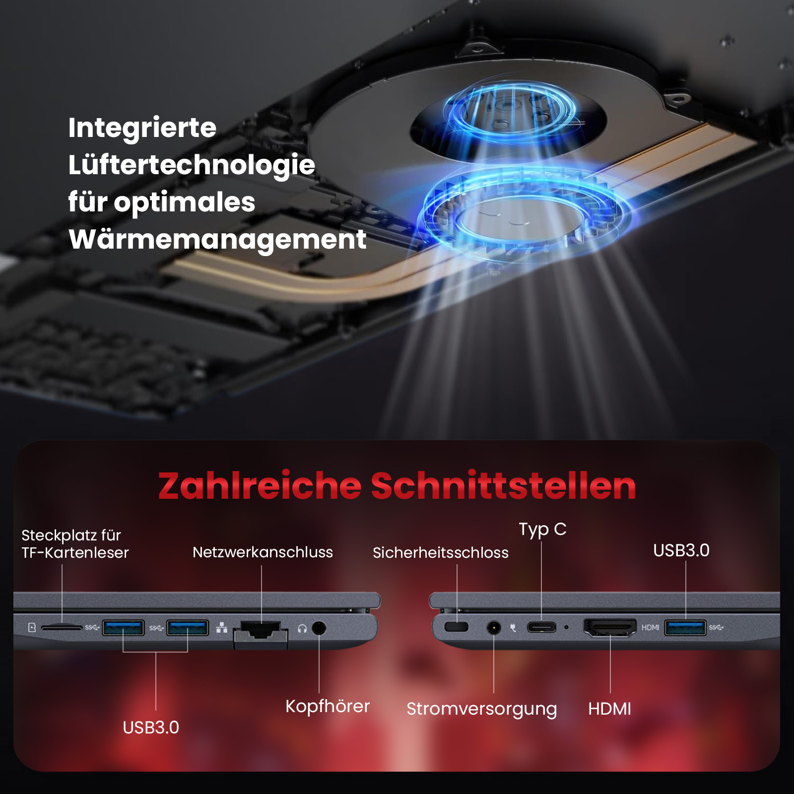 Laptop mit Kühltechnik-Detail. Ports wie USB, HDMI und Kopfhöreranschluss. Text beschriftet Anschlüsse und Kühlung.