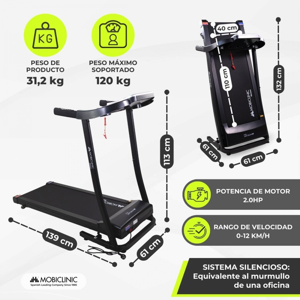 Cinta de correr negra con dimensiones. Muestra la capacidad de peso y la potencia del motor. Cuenta con rango de velocidad y sistema silencioso.