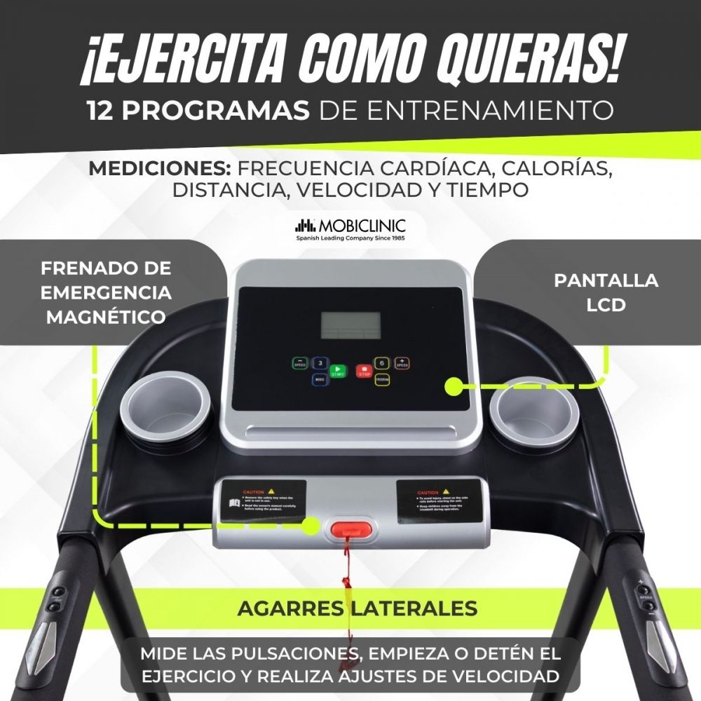 Cinta de correr con pantalla LCD, portavasos y panel de control. Texto: Ejercítate como quieras, 12 programas de entrenamiento.