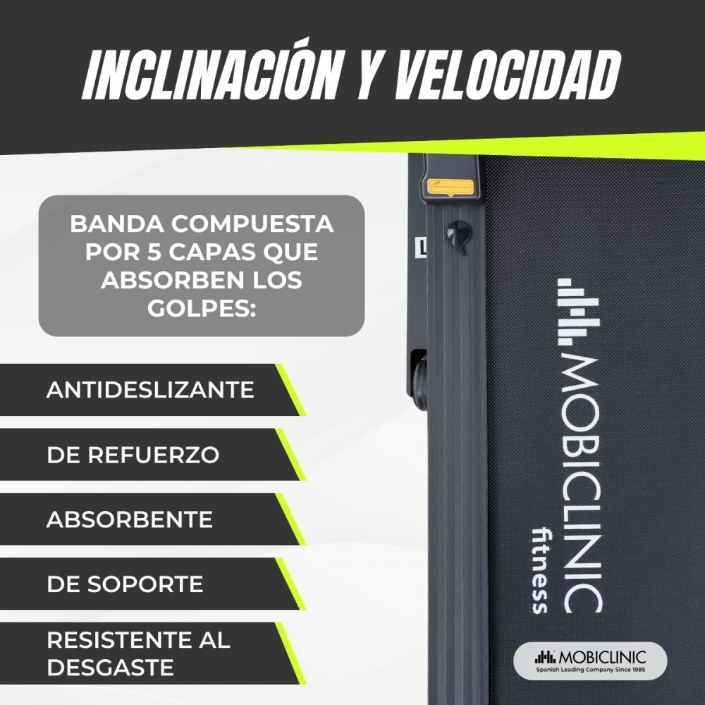 Detalles de la cinta de correr. El texto incluye 'Inclinación y Velocidad', el logotipo 'MOBICLINIC fitness' y la descripción de la banda en capas.