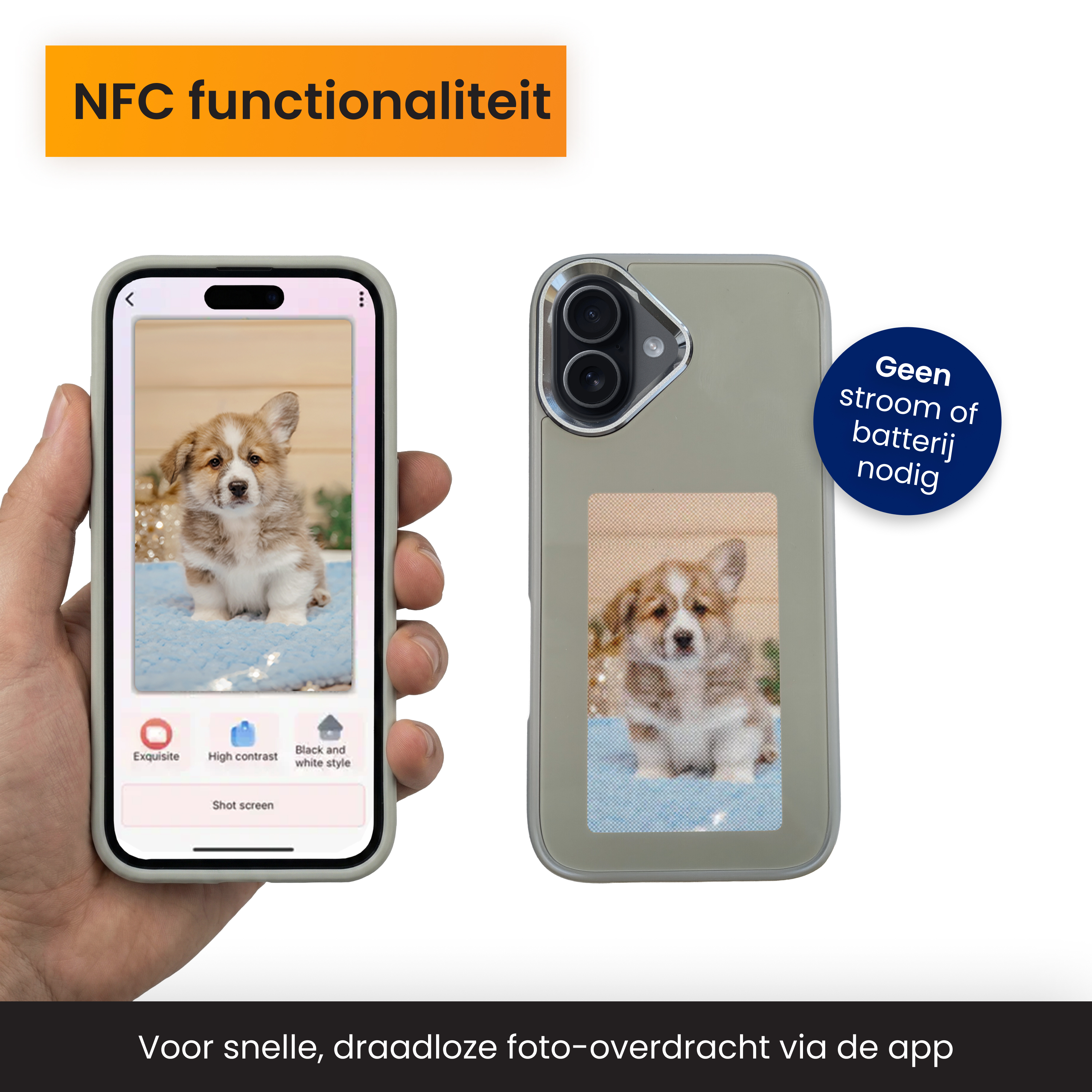 Een telefoon met een puppyfoto wordt naast een telefoonhoesje met dezelfde afbeelding gehouden. Tekst geeft NFC-functionaliteit aan.
