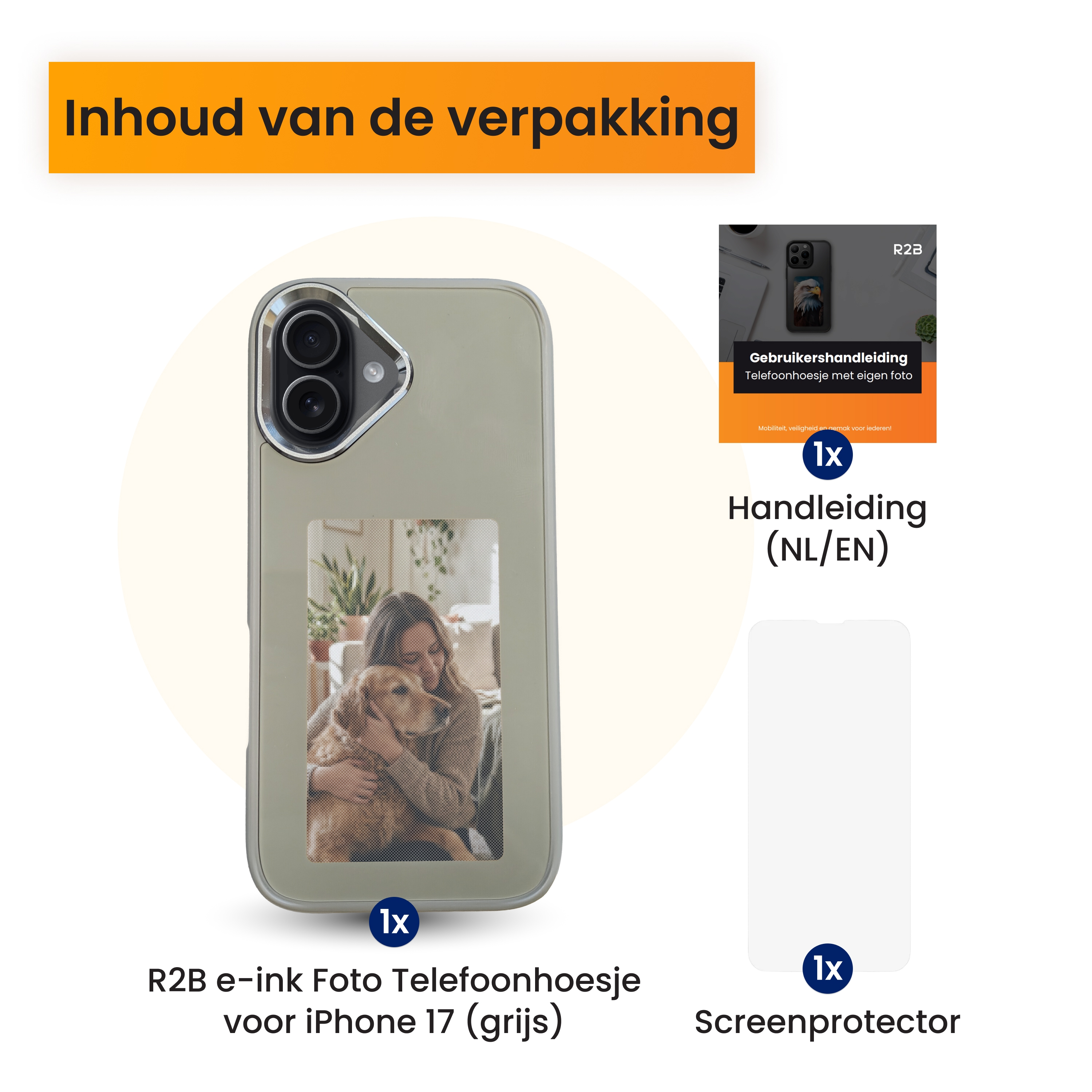De afbeelding toont een telefoonhoesje, een handleiding en een schermbeschermer. De hoes heeft een foto van een vrouw met een hond.