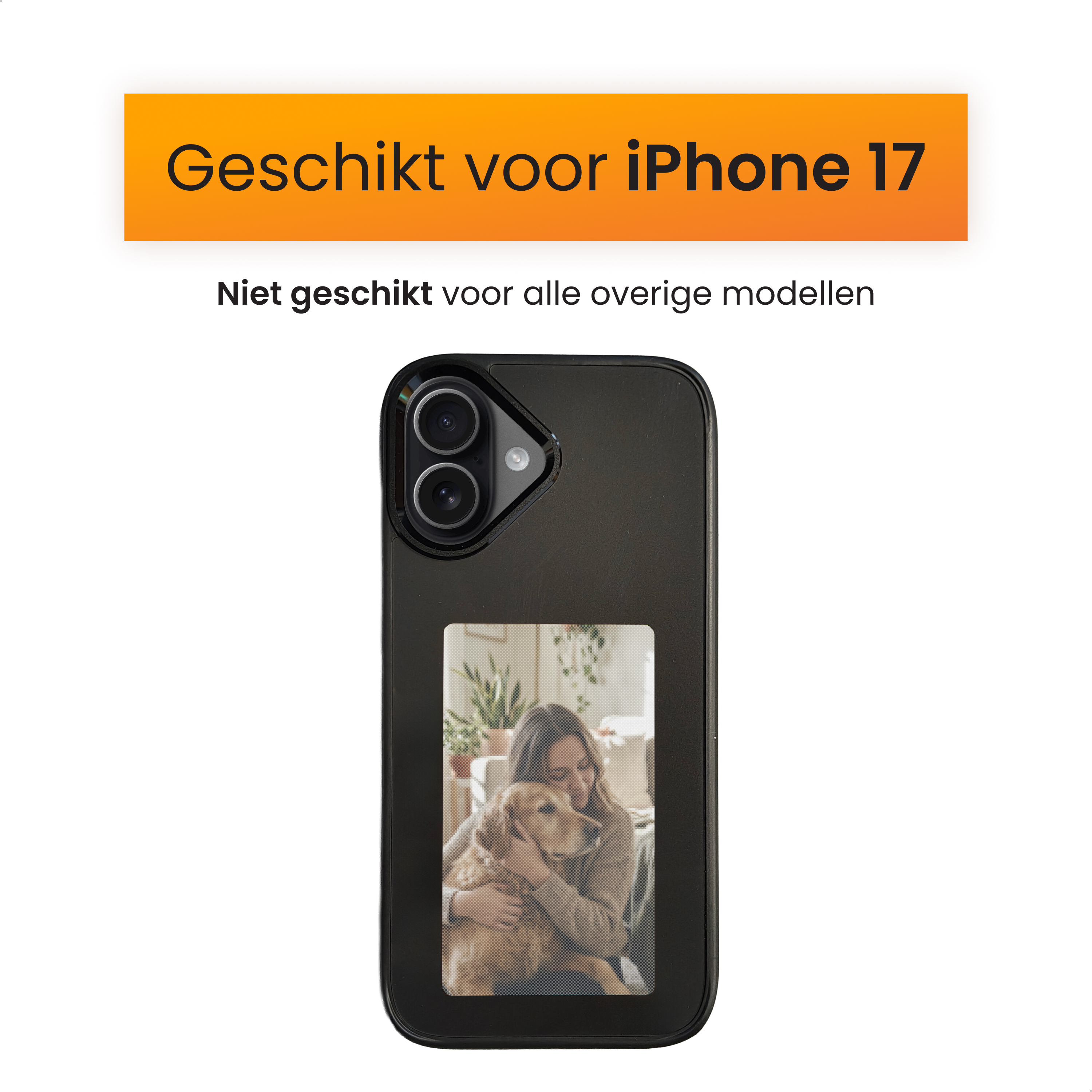 Eine Handyhülle zeigt eine Frau, die einen Golden Retriever umarmt. Darüber steht 'Geeignet für iPhone 17'.