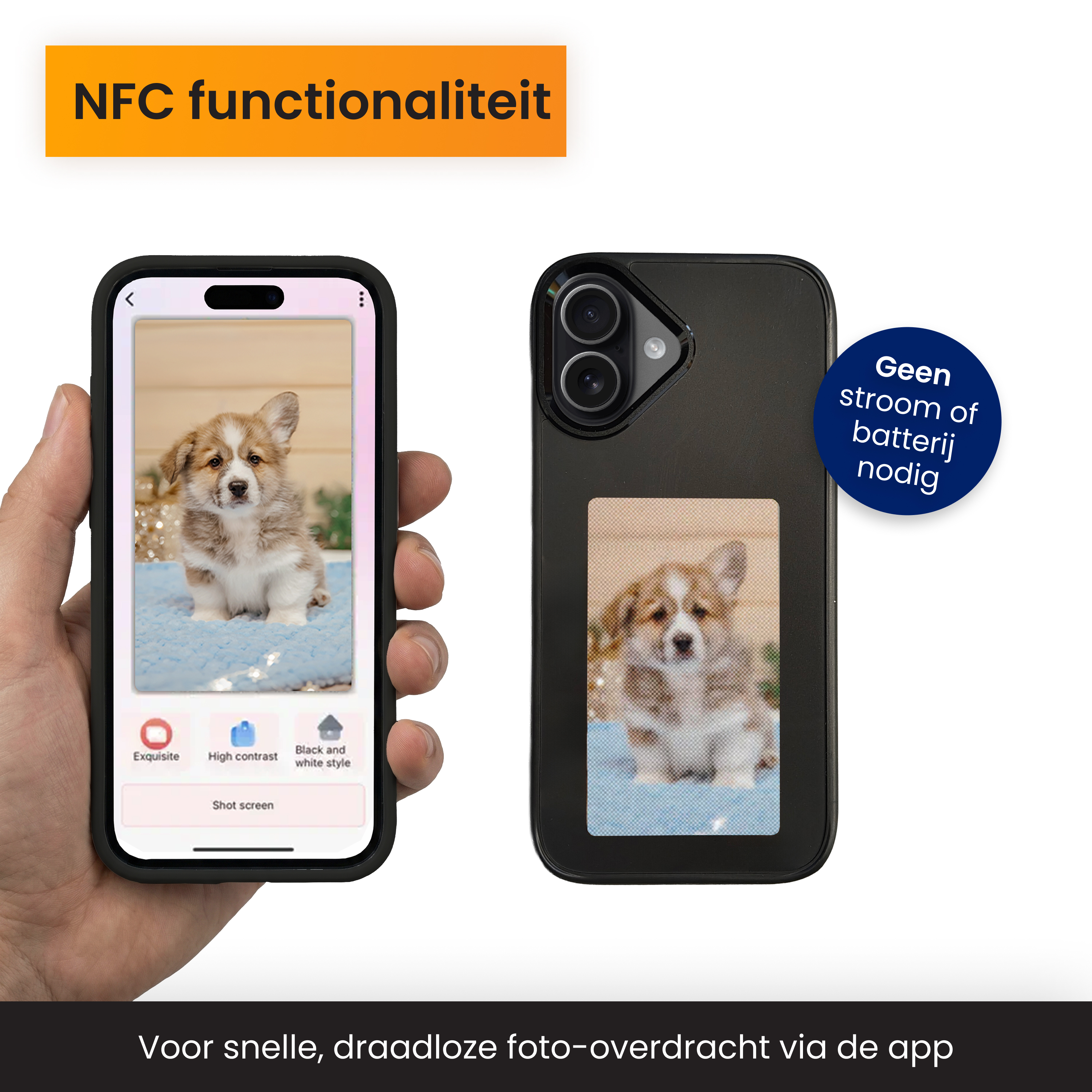 Un téléphone affiche une photo de chiot. Une coque montre la même photo. Texte : Fonctionnalité NFC, pas de batterie nécessaire.