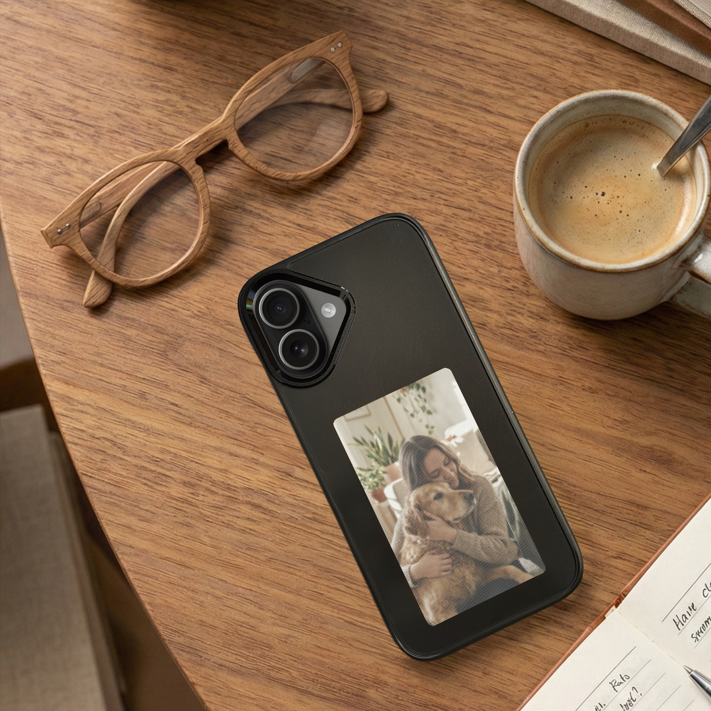 Un téléphone avec la photo d'une femme et d'un chien repose sur une table en bois avec des lunettes, du café et un carnet.