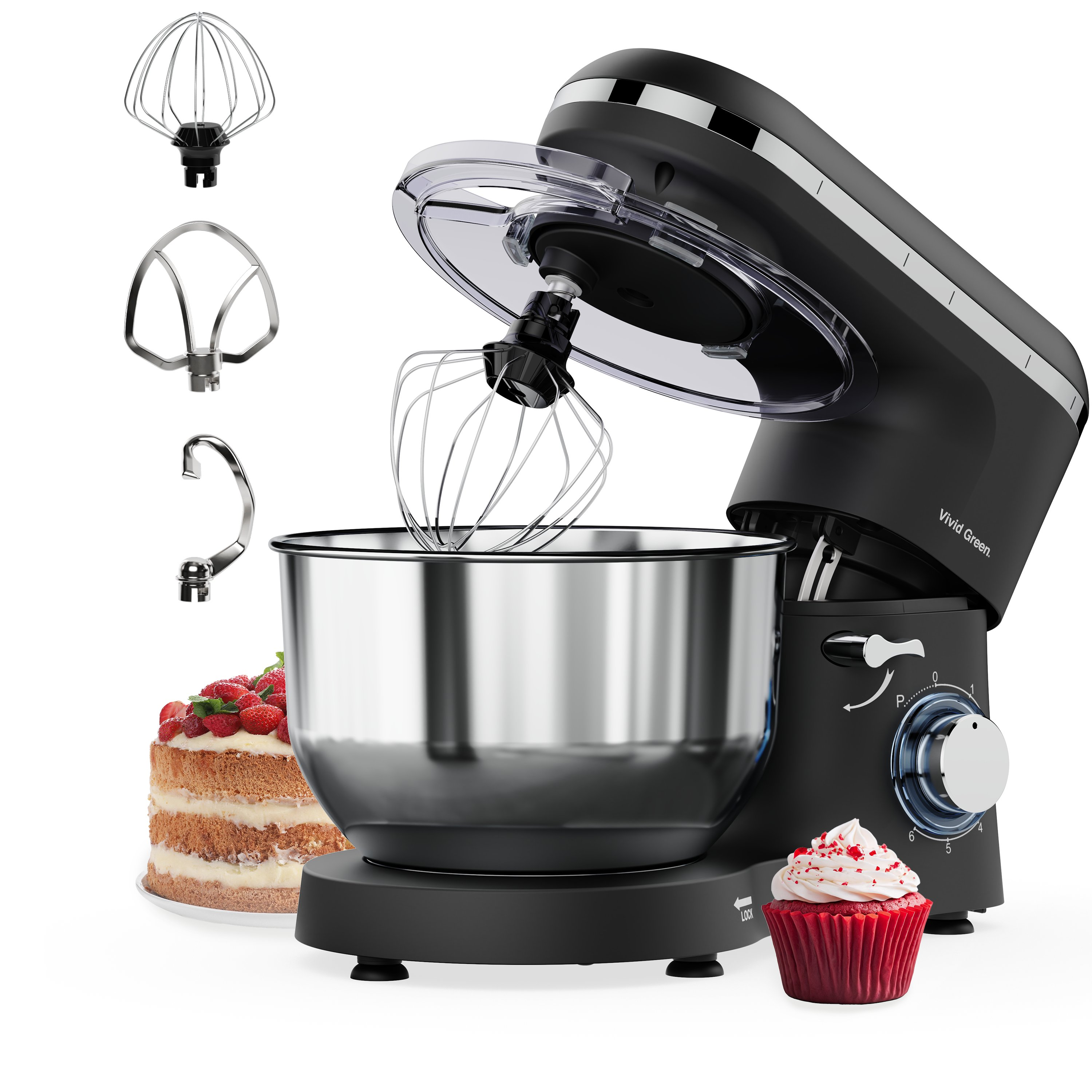 Black stand mixer with attachments, cake, and cupcake. Mixer has a stainless bowl.