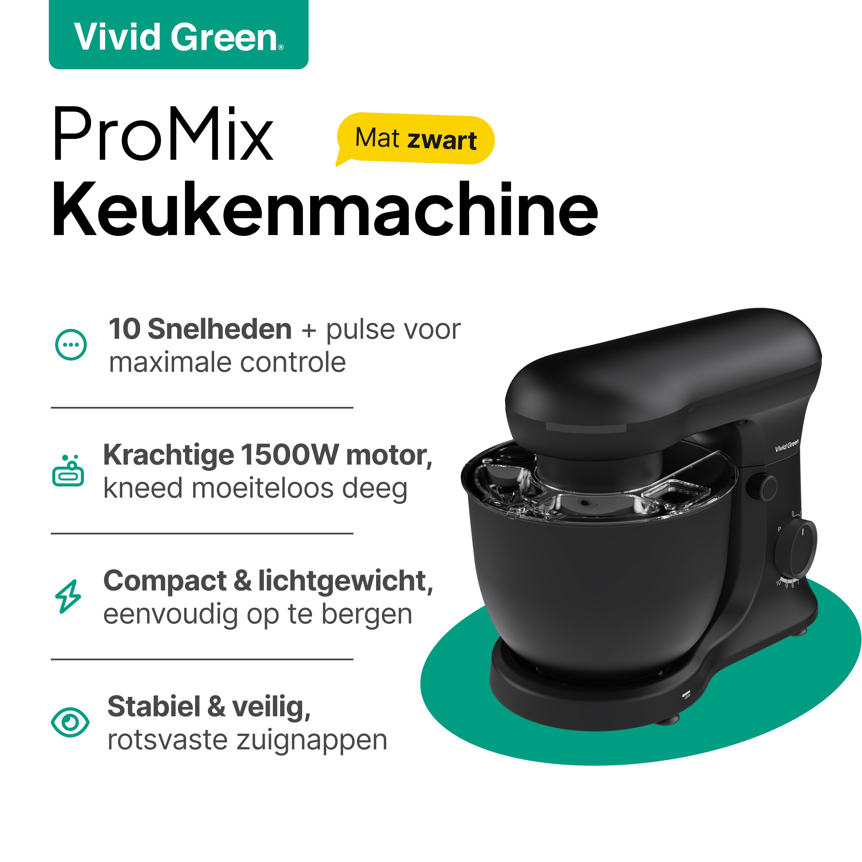 A black ProMix kitchen machine on a white background. Text mentions features and 'Vivid Green' branding.