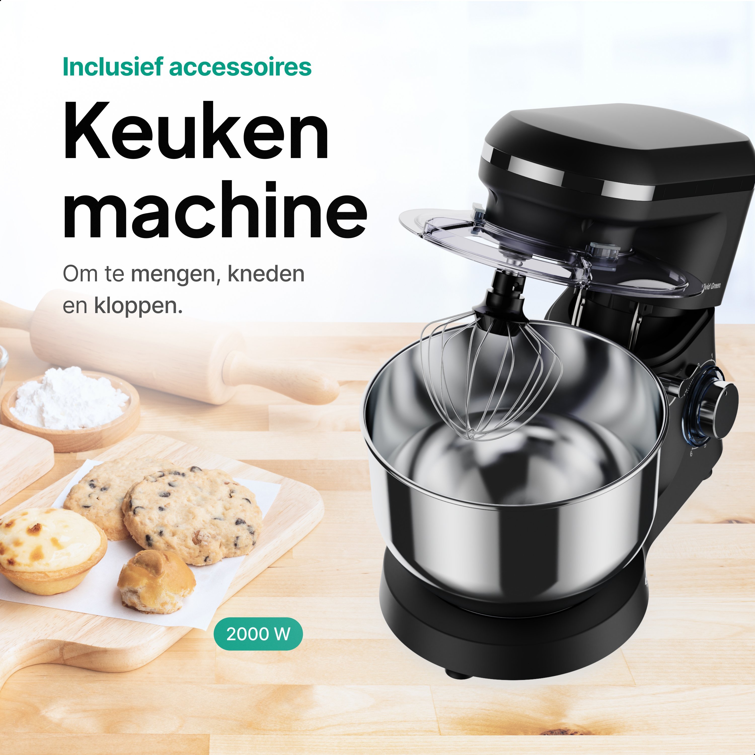 A black kitchen machine with a silver bowl and whisk. Cookies and a rolling pin are on a wooden surface.