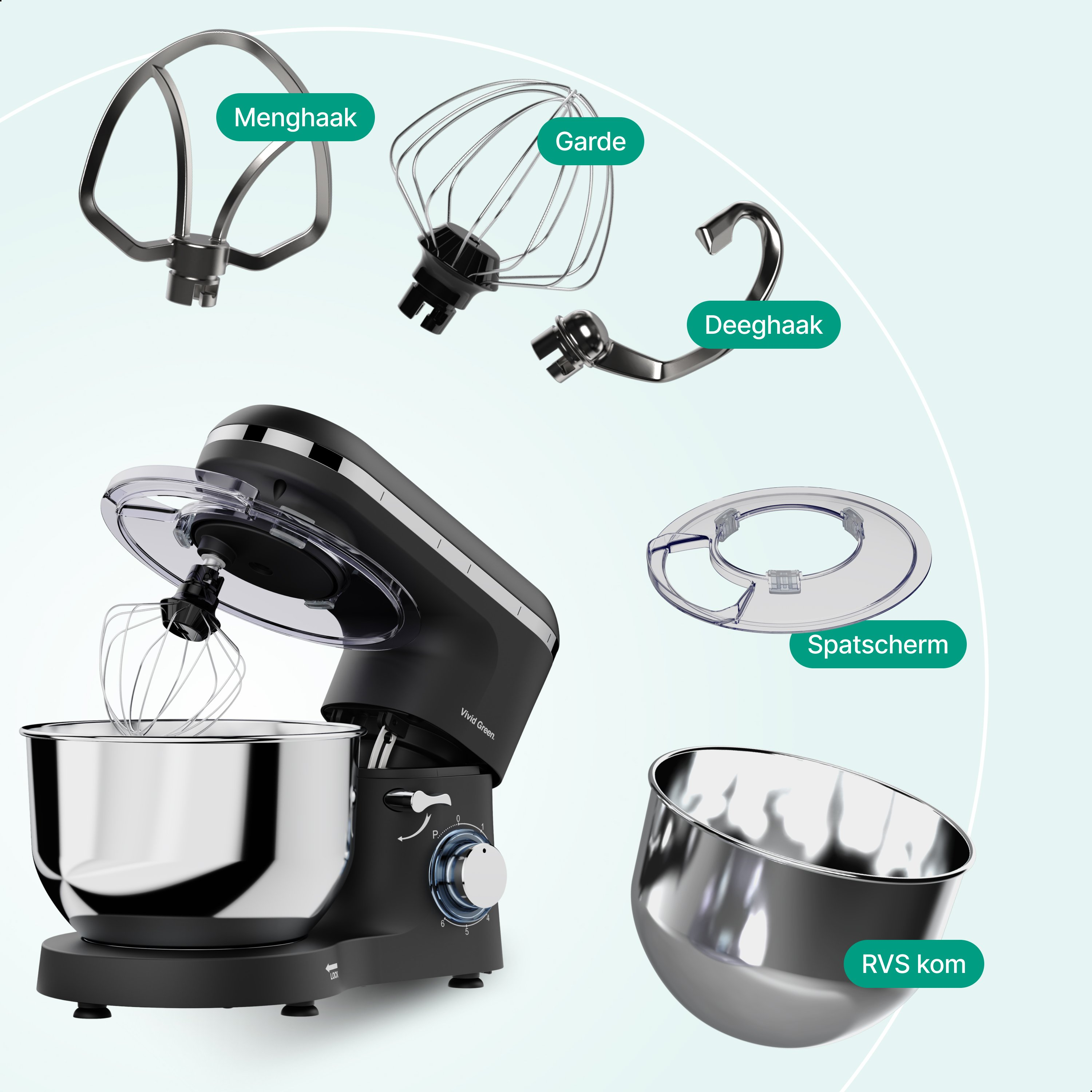 A black Vivid Green kitchen mixer with attachments. Stainless steel bowl and accessories: hook, whisk, dough hook.