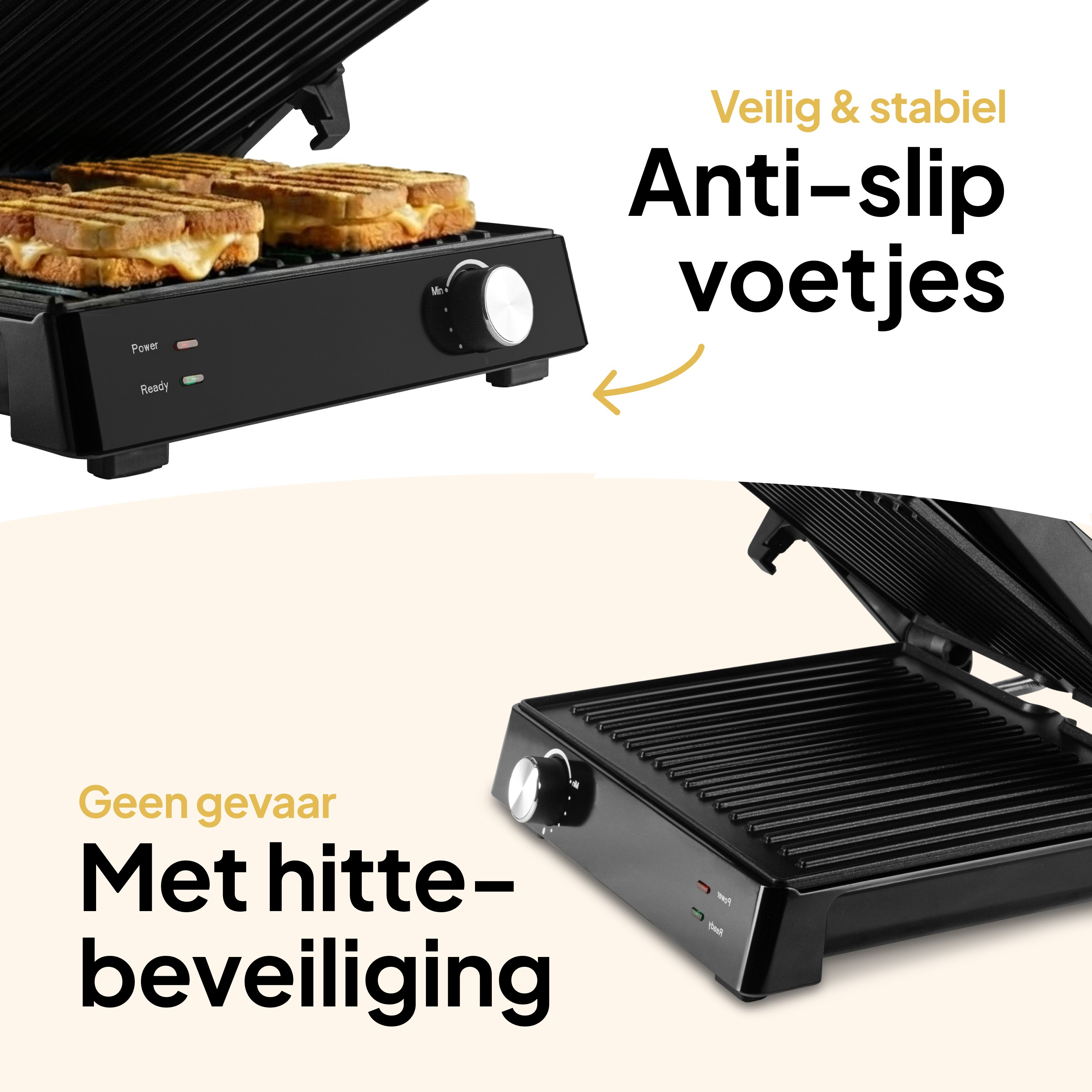 A black sandwich grill with sandwiches. Text reads 'Veilig & stabiel' and 'Anti-slip voetjes'.